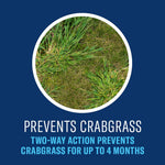 Circular close-up photo of lawn grass and weeds with text about preventing crabgrass up to four months