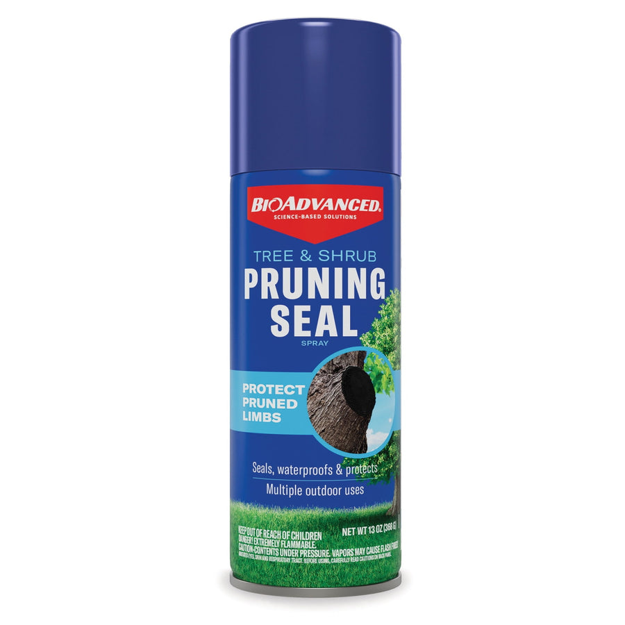 Tall aerosol can of BioAdvanced Tree & Shrub Pruning Seal with blue label and product graphics on white background