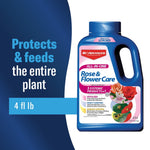 Product graphic of BioAdvanced Rose & Flower Care bottle on blue background with text 'Protects & feeds the entire plant' and '4 fl lb'