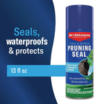 BioAdvanced Pruning Seal aerosol can shown next to graphic text panel reading 'Seals, waterproofs & protects' and '13 fl oz'