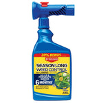 Blue ready-to-spray BioAdvanced bottle with attached sprayer and yellow label reading Season Long Weed Control