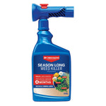 Blue BioAdvanced ready-to-spray bottle labeled Season Long Weed Killer with trigger head