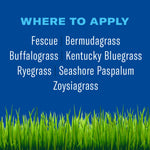 Blue 'Where to Apply' infographic listing grass types like fescue, bermudagrass, ryegrass and zoysia with grass graphic