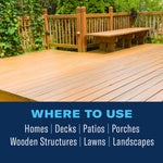 Photograph of a wooden deck and bench above a banner titled "Where to Use" listing homes, decks, patios, porches and lawns