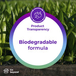 Circular badge graphic over grass reading 'Product Transparency' and 'Biodegradable formula' with a green gradient border.