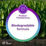 Circular product transparency badge reading 'Biodegradable formula' over a background of green plants