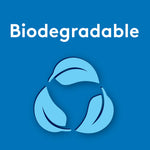 Graphic on blue background with the word 'Biodegradable' and three leaf-shaped recycling icons