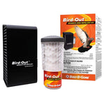 Bird-B-Gone Bird-Out aromatic bird repellent kit displayed with dispenser, cartridge and retail box