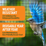 Close-up of bird behind black netting with orange text panels reading 'Weather Resistant' and 'Reusable Year After Year'.