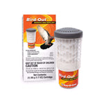Bird-B-Gone Bird-Out repellent cartridge positioned in front of the product retail box with warning text visible