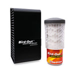 Bird-Out aromatic bird repellent dispenser and clear cartridge with orange label photographed on white background