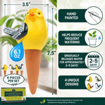 Graphic showing a yellow bird-shaped terracotta watering spike with dimensions, water capacity icon and feature callouts