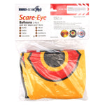 Retail package of Bird-X Scare-Eye balloons showing folded yellow balloon visible through clear plastic and product header card.