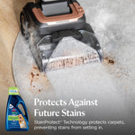 Close-up of a BISSELL carpet cleaner head extracting dirt from a light rug with visible soil and product inset