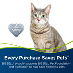 Tabby cat portrait beside a heart tag graphic and text stating every purchase saves pets for BISSELL