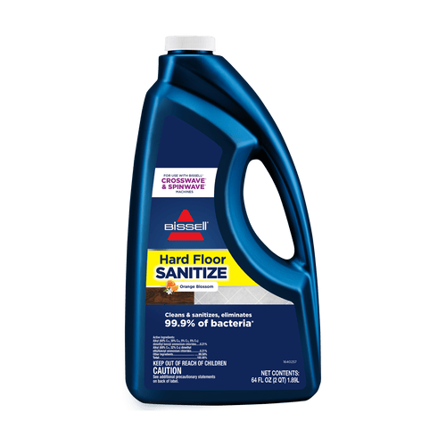 Blue BISSELL Hard Floor Sanitize bottle with handle and front label showing sanitize branding and orange blossom