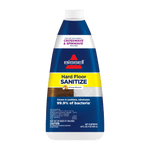 Front-facing BISSELL Hard Floor Sanitize bottle with blue, yellow and white label on plain background.