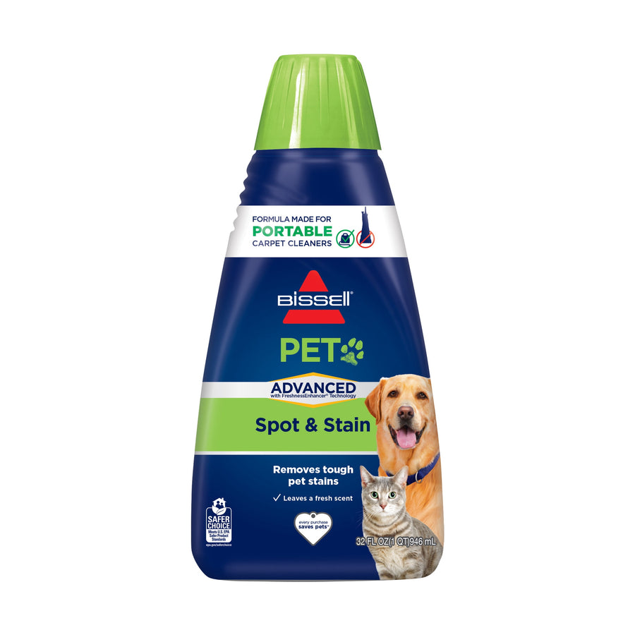 Front-facing BISSELL Pet Advanced Spot & Stain bottle with green cap and pet photos on label against white background.