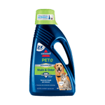 Blue BISSELL PET Advanced Stain & Odor bottle with green cap and pet images on the front label
