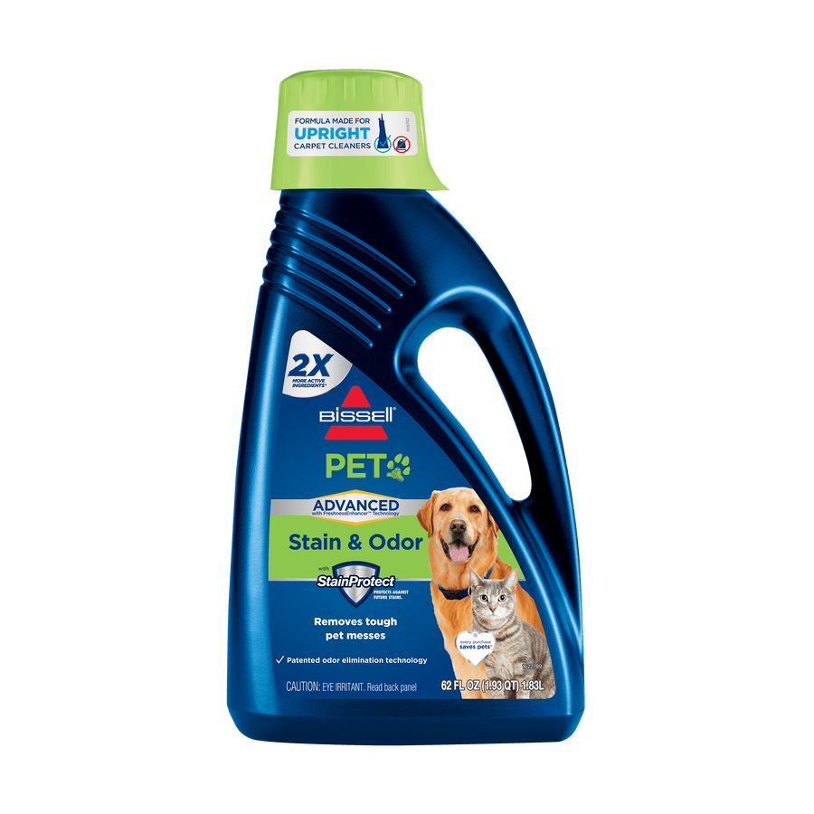 Blue BISSELL PET Advanced Stain & Odor bottle with green cap and pet images on the front label