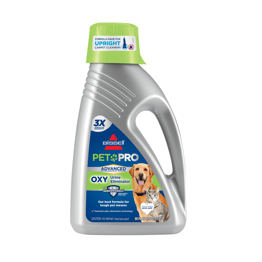 Front-facing BISSELL Pet Pro OXY Pet Urine Eliminator bottle with green cap and pet graphic