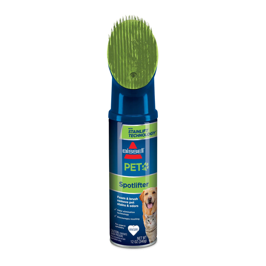 BISSELL Pet Spotlifter spray can with green brush head and label for removing pet stains and odors