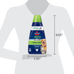 BISSELL Pet Advanced Spot & Stain bottle shown with size and height dimensions overlaid on a grey mannequin silhouette.
