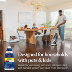 Family scene with a person using a BISSELL upright cleaner on hardwood floors, children at a dining table and a dog on a bed.