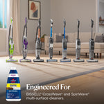 Row of various BISSELL upright cleaners displayed in a living room setting with product bottle graphic and promotional text.