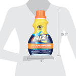 BIZ liquid stain remover bottle shown over a gray silhouette with height and width measurement overlays