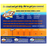 Back panel of BIZ packaging with list of stains it works on, comparison chart, and usage instructions.