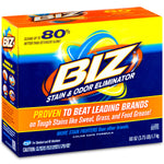 Brightly colored BIZ stain & odor eliminator powder box front with bold logo and promotional banner.