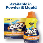 Promotional image showing BIZ powder box alongside a BIZ liquid bottle under text 'Available in Powder & Liquid'.