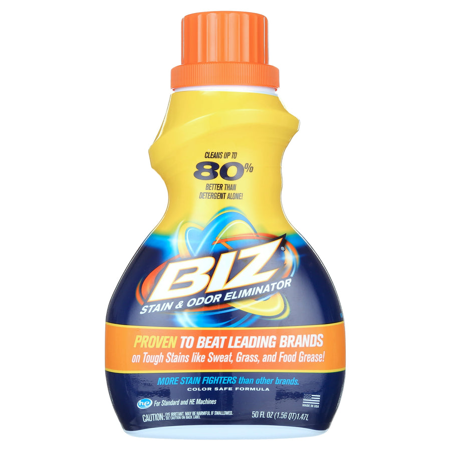 Front view of a BIZ stain & odor eliminator bottle with orange cap and blue label