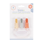 Retail blister pack of bizzu silicone finger toothbrushes in pastel colors with clear storage case and a visible "4 pieces" label.