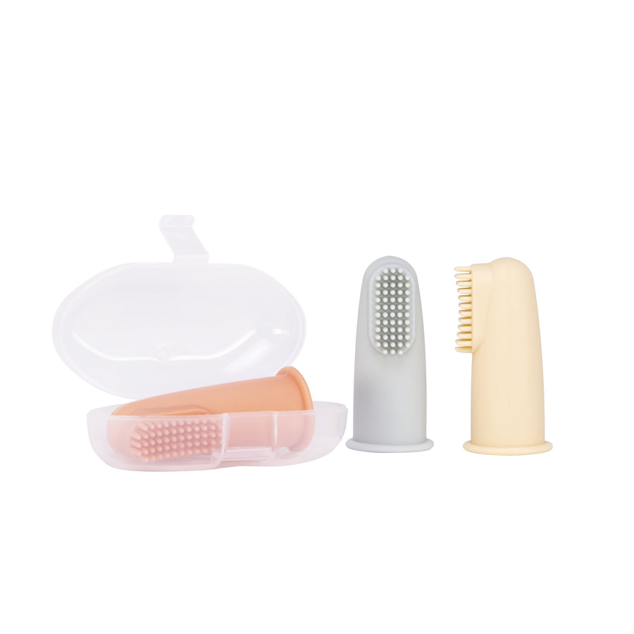 Three pastel silicone finger toothbrushes displayed with a clear plastic storage case on a white background.