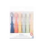 Six pastel Bizzu training toothbrushes in clear retail packaging with logo and label visible