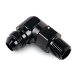 Black anodized 90-degree male AN-style fitting with threaded male ends on white background.