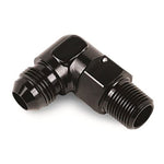 Black anodized 90-degree male AN-style fitting with threaded male ends on white background.