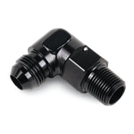 Black anodized 90-degree male AN-style fitting with threaded male ends on white background.