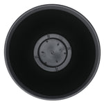 Top-down view into a black plastic planter showing interior base and drainage features