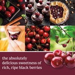 Cherry-themed collage showing cherries, cherry desserts and text 'the absolutely delicious sweetness of rich, ripe black berries'.