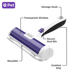WHITE and purple BLACK+DECKER pet hair remover with labeled callouts for transparent window, storage hook and dust bin