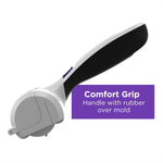 Close-up of BLACK+DECKER pet hair remover handle showing rubber comfort grip and purple caption