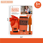 Packaged Black+Decker kids garden tool set on blister card with product photo, age badge and size measurements visible.