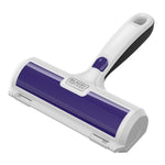 WHITE and purple BLACK+DECKER reusable pet hair roller shown at an angled product view