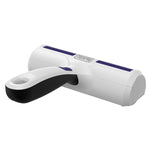 Side view of WHITE and purple BLACK+DECKER reusable pet hair remover on a white background