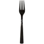Single black disposable plastic fork on white background, glossy finish and four tines