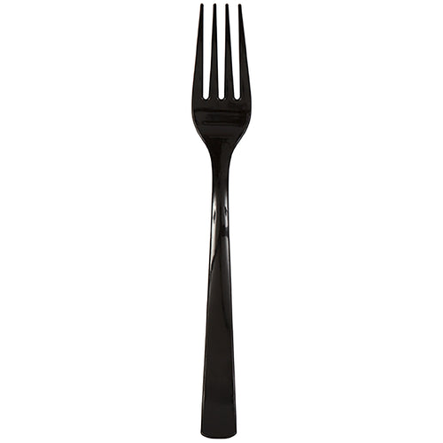 Single black disposable plastic fork on white background, glossy finish and four tines