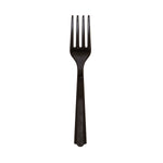Black disposable plastic fork photographed upright on white background showing textured handle and four tines